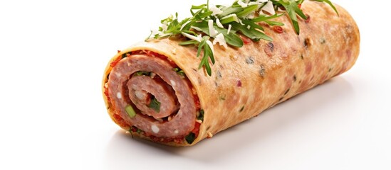 A fresh wrap filled with meat and assorted vegetables is placed on a plain white background. The wrap is neatly rolled, showcasing the colorful ingredients within.