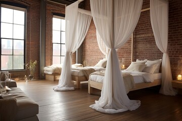 Fototapeta na wymiar Contemporary Loft Bedroom: Enchanting Fairy-Tale Canopy Beds and Sheer Drapes Amid Exposed Brick Walls