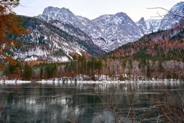 Panoramic view of the lake vorderer langbathsee near ebensee in the upper austrian region salzkammergut.