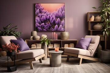 Modern Lavender and Rose Planters: Contemporary Lounge with Functional Furniture in Warm Tones