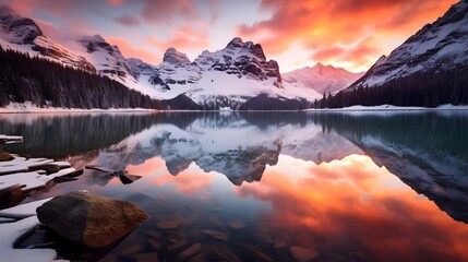 Panoramic view of snow-capped mountains reflected in lake at sunset
