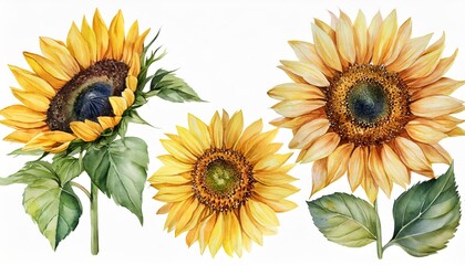 watercolor set of sunflowers flowers summer vintage elements natural yellow floral collection
