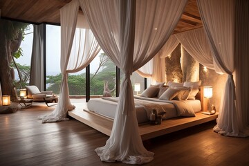 Fototapeta na wymiar Contemporary Villa Bedroom: Enchanting Canopy Beds with Sheer Curtains by Big Windows