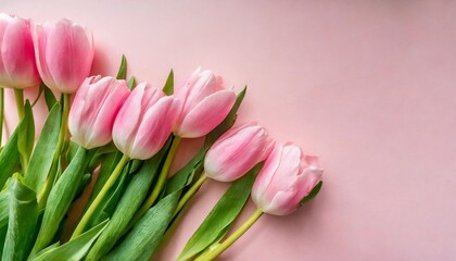 Obraz na płótnie Canvas beautiful composition spring flowers bouquet of pink tulips flowers on pastel pink background valentine s day easter birthday happy women s day mother s day flat lay top view copy space
