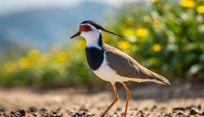 closeup of a masked lapwing walking on the ground