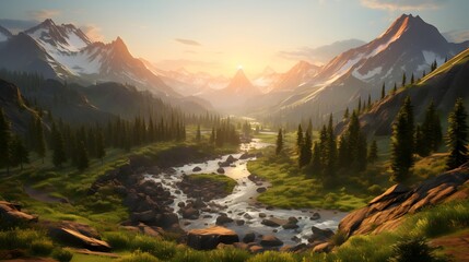 Panoramic view of the mountain river in the morning. Mountain landscape.