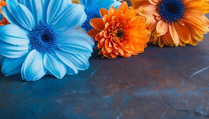 beautiful flowers of an unusual neon shade of blue and orange design background street flowers copy space