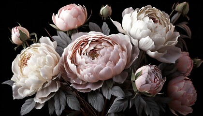 floral banner flower cover or header with vintage bouquets pink peonies white roses isolated on black background