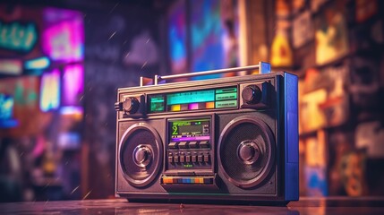 Vintage boombox hiphop dance music in neon graffiti room