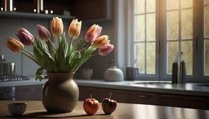 tulips in a vase in front of a kitchen window