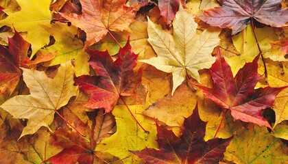 scattered colorful red orange and yellow fall maple leaves background colors of gold autumn seasonal decoration concept