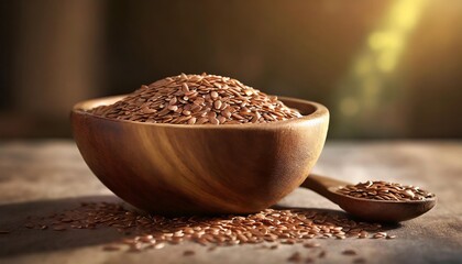 flax seeds in wooden bowl on the table - obrazy, fototapety, plakaty