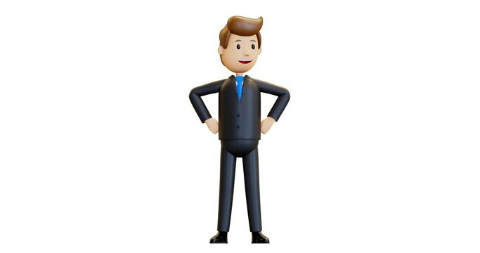 3D animation. Businessman in a suit. Office worker in a victory pose. 4k animation, alpha channel, in cartoon style, isolated. A friendly employee of the company coped with the task.