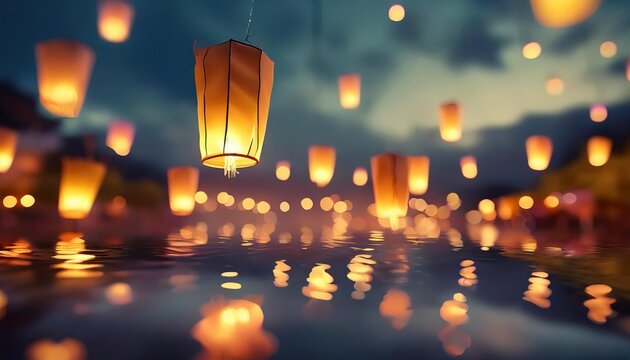 floating lanterns at dawn during festival