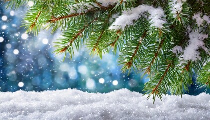 green pine branches in the snow christmas background