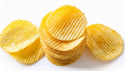 stacked potato chips isolated on white background top view