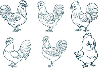 Chicken hand drawn set coloring page and outline vector design