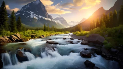 Panoramic view of a mountain river at sunset. Beautiful summer landscape. © Iman