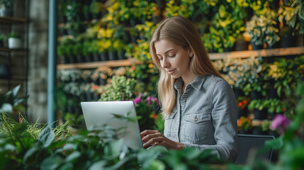 Woman working in the office wit vertical garden