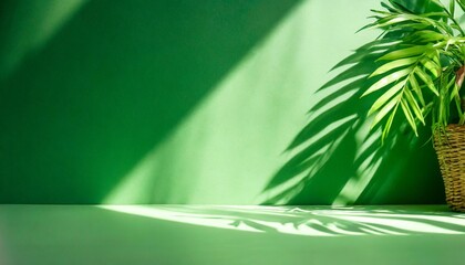 abstract green studio background for product presentation empty room with shadows of window display product with blurred backdrop