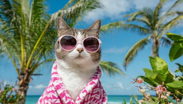 closeup portrait of cool cat posed wearing pink and white patterned bathrobe with sunglasses isolated on tropical background cat photo studio concept