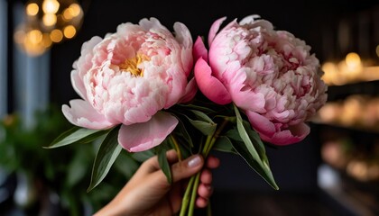 two bouquet of pink peonies in a women hand beautiful peony flower for catalog or online store floral shop concept beautiful fresh cut bouquet flowers delivery