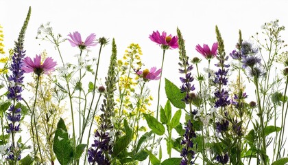 silhouettes of wildflowers and herbs isolated on a white background floristic border of meadow flowers