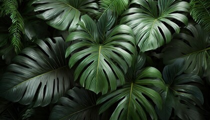 group of dark green tropical leaves background nature lush foliage leaf texture tropical leaf