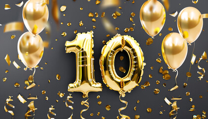 10 years old. Gold balloons number 10th anniversary, happy birthday congratulations, with falling confetti and decoration for celebrate event - obrazy, fototapety, plakaty