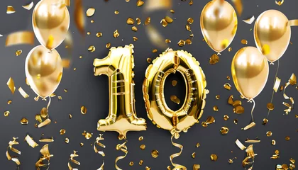 Fotobehang 10 years old. Gold balloons number 10th anniversary, happy birthday congratulations, with falling confetti and decoration for celebrate event © Uuganbayar