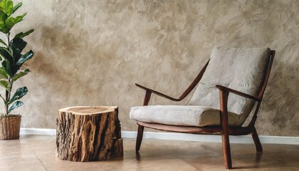fabric lounge chair and wood stump side table against beige stucco wall with copy space rustic minimalist home interior design of modern living room
