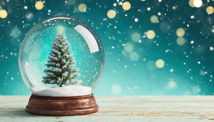 Fototapeta na wymiar snowy christmas tree in glass ball with text on turquoise background 3d rendering 3d illustration