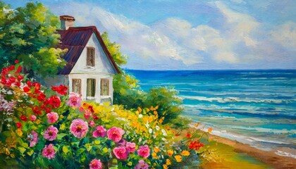 oil painting house near the sea colorful flowers and trees summer seascape
