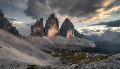 a different view to the most famous tre cime di lavaredo also known as drei zinnen or three peaks of lavaredo view from sorapis circuit trek the dolomites south tyrol italy - obrazy, fototapety, plakaty
