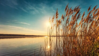 reeds on the shore of the lake at sunset abstract nature background - obrazy, fototapety, plakaty