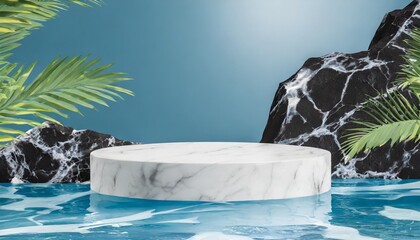 podium water background product display scene 3d marble stand stone summer platform mockup background water beauty white podium rock space cosmetic stage blue presentation nature light pool black
