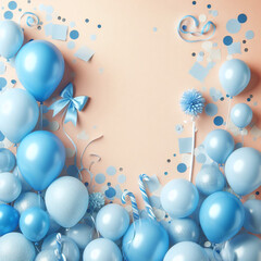 Balloons and confetti backdrop with copy space for a festive gender reveal party or baby shower scene
