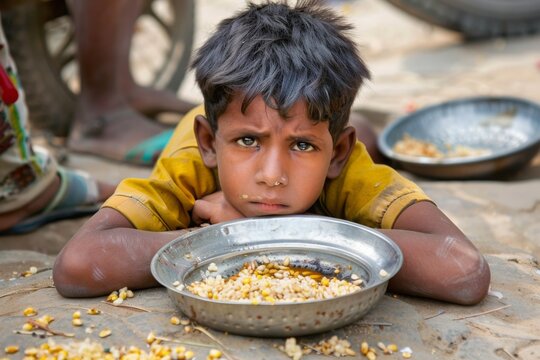 An undernourished boy gazes longingly at a meager meal. underscoring the widespread issue of food scarcity in impoverished regions 