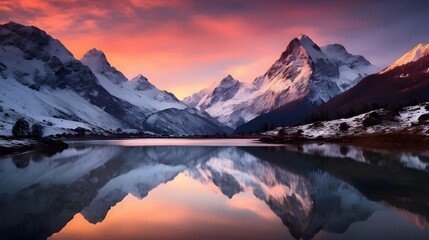 Mountain landscape with reflection in the lake at sunset, New Zealand