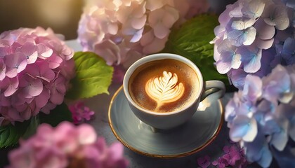 delicious fresh morning espresso coffee with a beautiful thick crema among blossoming pink and purple hydrangea flowers at the florist shop top view