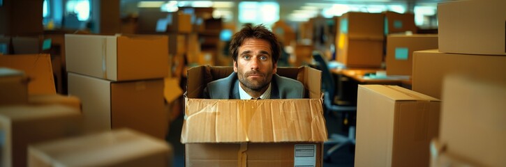 Confused businessman inside a box ready to be shipped inside a corporation shipping room looking at the camera - obrazy, fototapety, plakaty