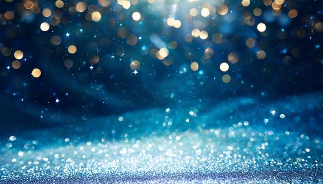 Magic Blue Holiday Abstract Glitter Background With Blinking Stars Blurred Bokeh Of Christmas Lights Happy New Year And Merry Christmas Banner Festive Backdrop