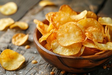 Crusty potato chips served in wooden bowl near scattered slices on table. Delicious snack prepared for watching movies at home