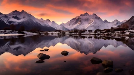Tafelkleed Mountains reflected in the lake at sunset, New Zealand. Panorama © Iman