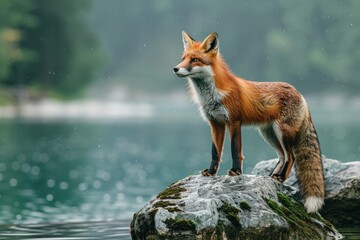 a red fox standing on a rock near a body of water Generative AI