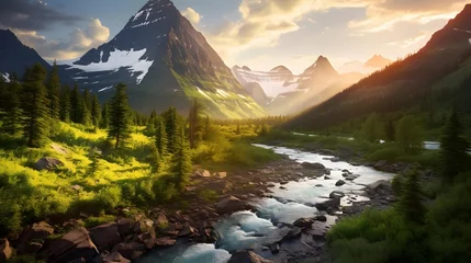Deurstickers Panoramic view of a mountain river in the mountains at sunset © Iman
