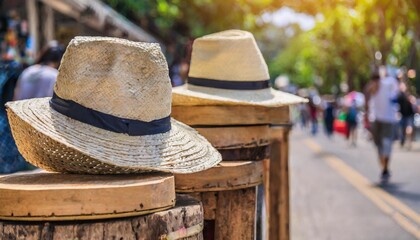 panama hats were sold on pedestal boards at pedestrian street in phuket thailand - obrazy, fototapety, plakaty