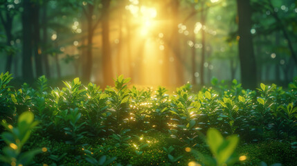 Fototapeta na wymiar Gorgeous panoramic spring scenery with the sun beautifully illuminating the fresh green foliage.