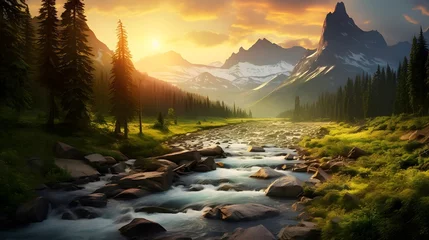 Stoff pro Meter Panoramic view of the mountain river at sunrise. Picturesque summer landscape. © Iman