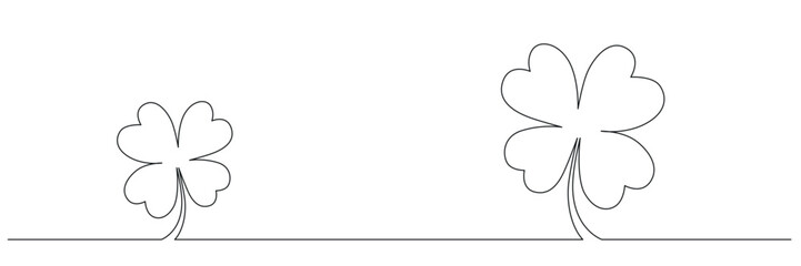 Clovers flower banner for Saint Patrick day - good lucky symbol, single line. Vector stock minimalism illustration isolated on white background for design template invitation frame. Editable stroke.